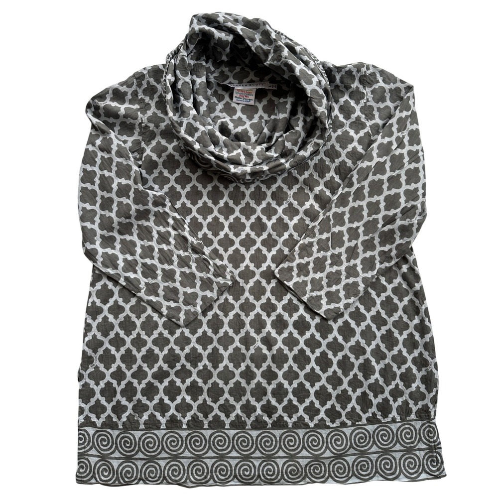 Gretchen Scott Tunic Women Large Gray White Trellis Cowl Neck Cotton Excellent